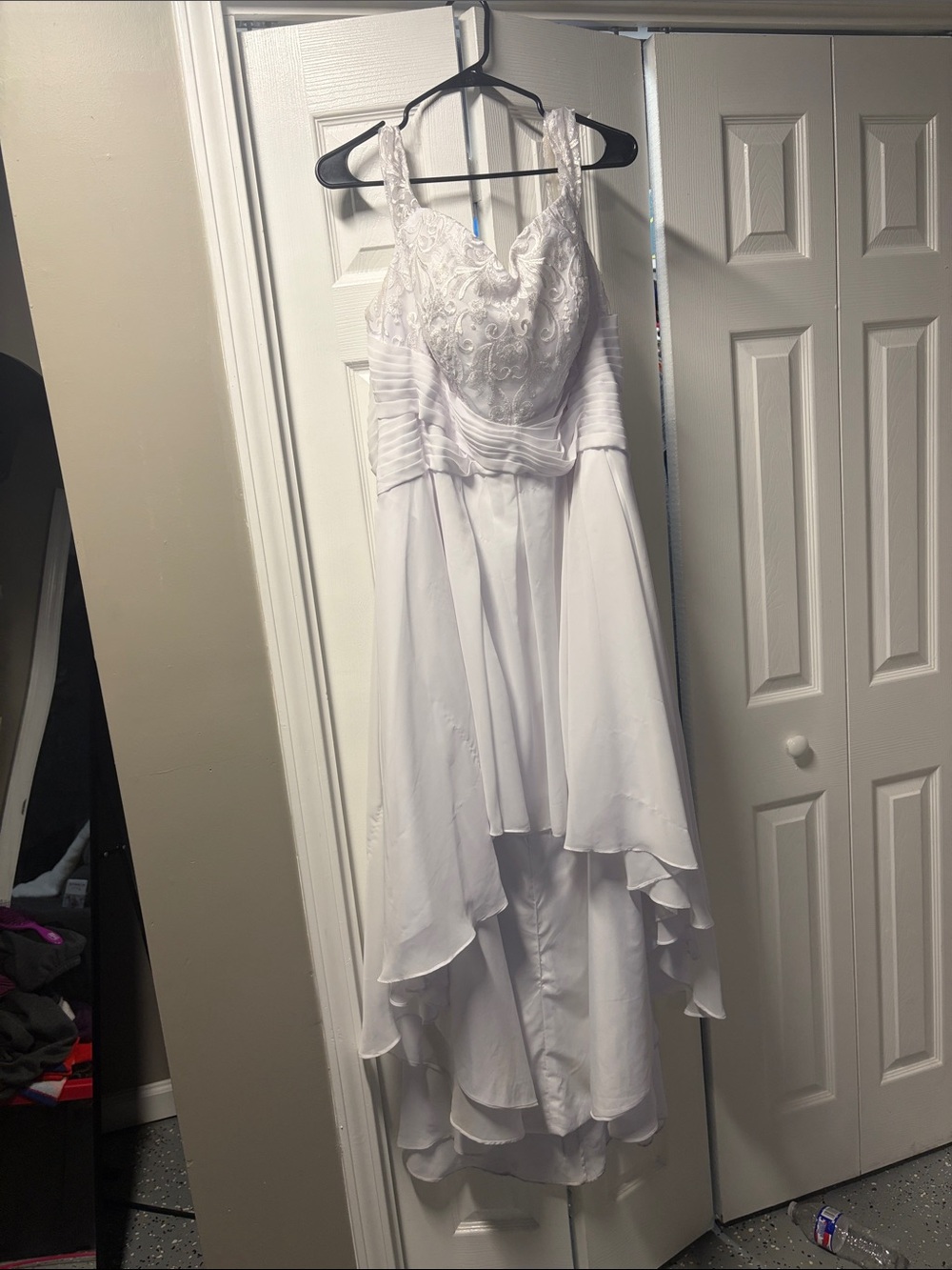 JJs House White Lace Bodice High-Low Chiffon Dress